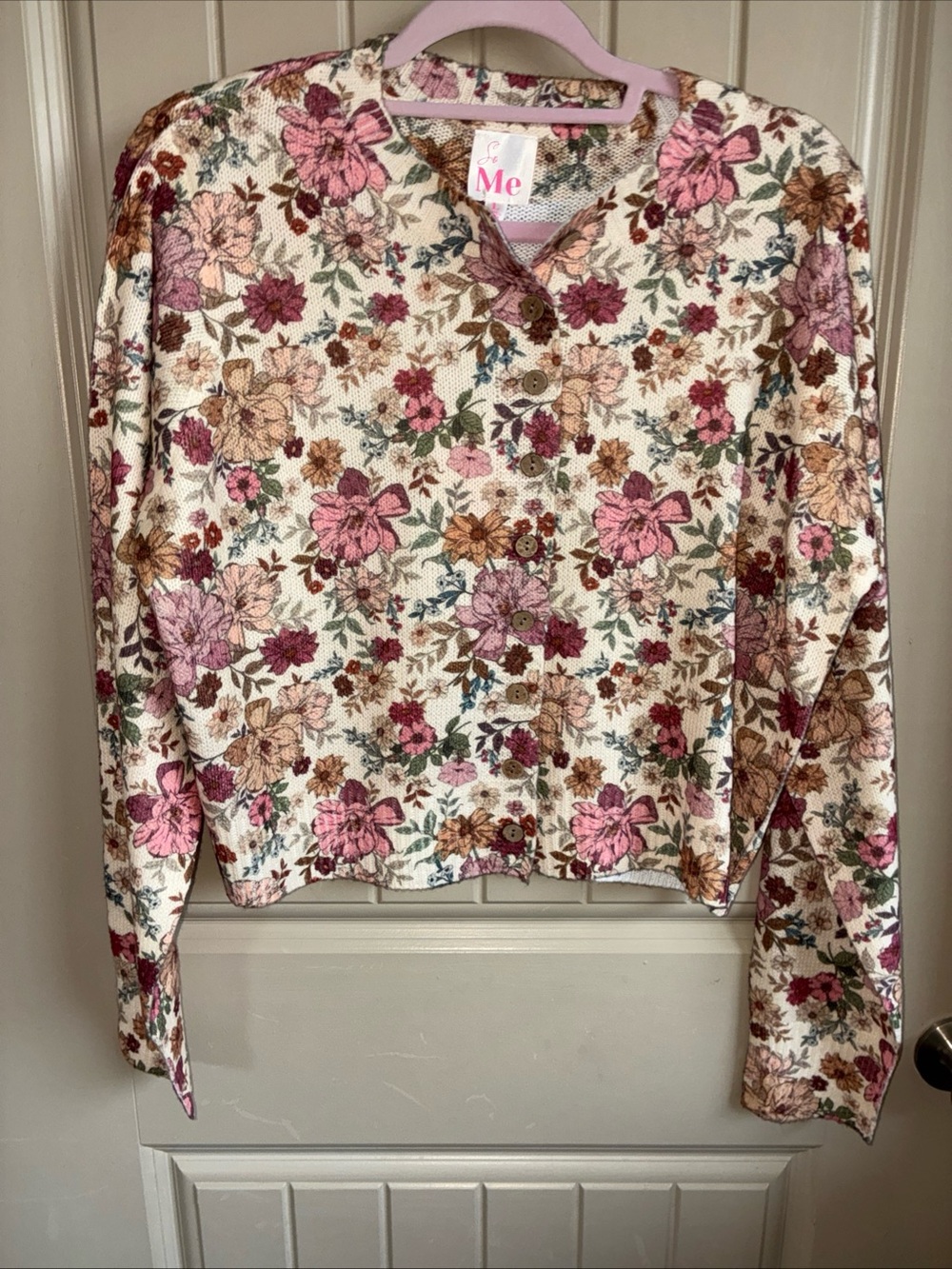 So Me Cream Knit Cardigan with Pink and Brown Floral Print